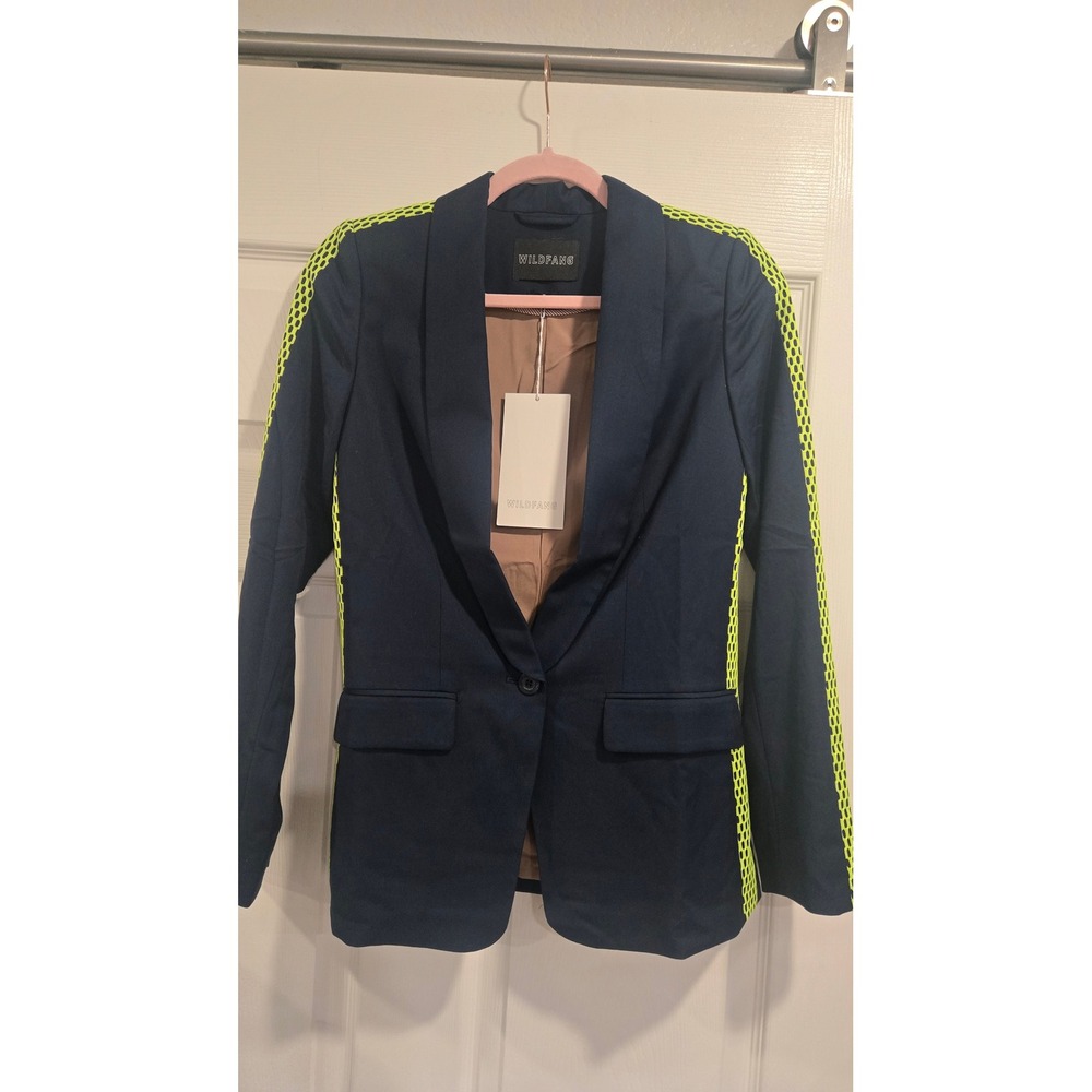 Wildfang The Empower Colorblock Tux Blazer Navy Neon Yellow Mesh Stripe XS NEW